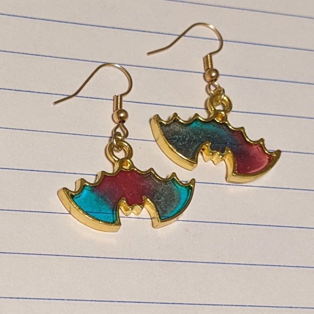 Rainbow Bats Earrings Gold Resin Galaxy Handmade Halloween - Picture 3 of 15